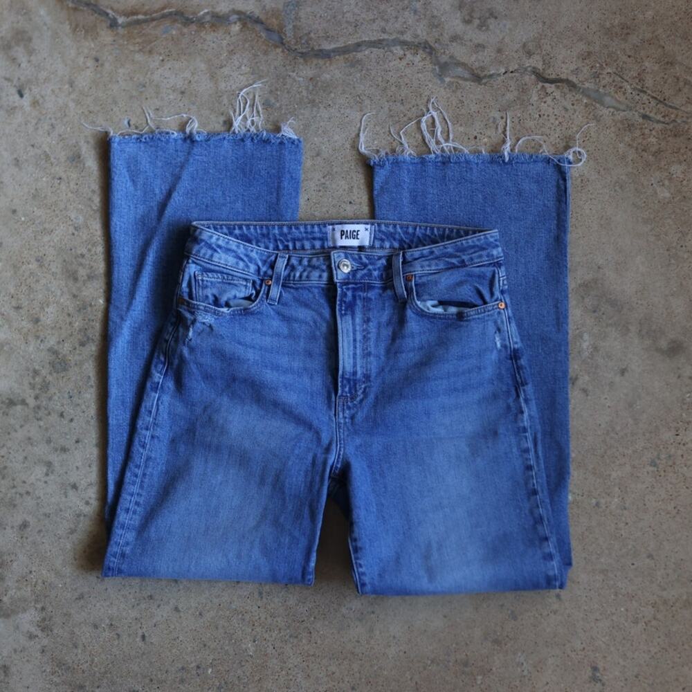 PAIGE Leenah Ankle Wide Leg Jeans Size 28 Medium Wash Raw Hem